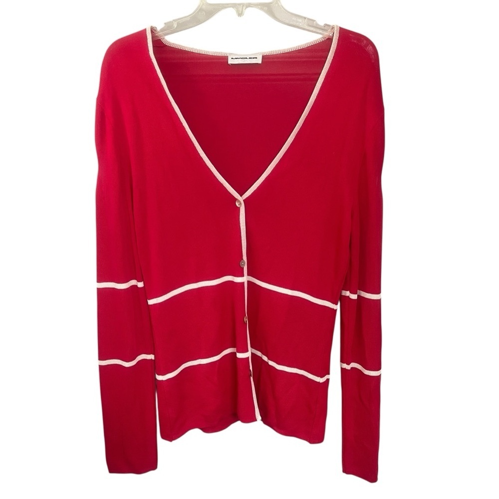 MUGLER Cardigan Button Down Sweater Red & White Cutout Detail Medium